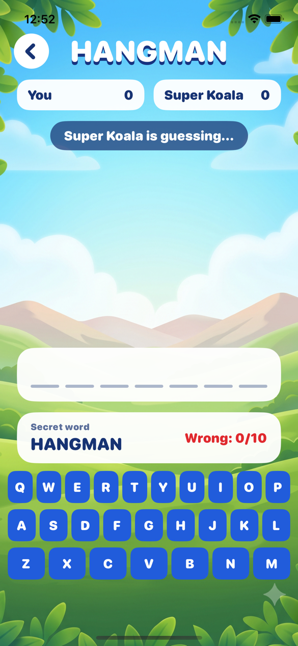 BluePlay Hangman game screen with a nearby player guessing