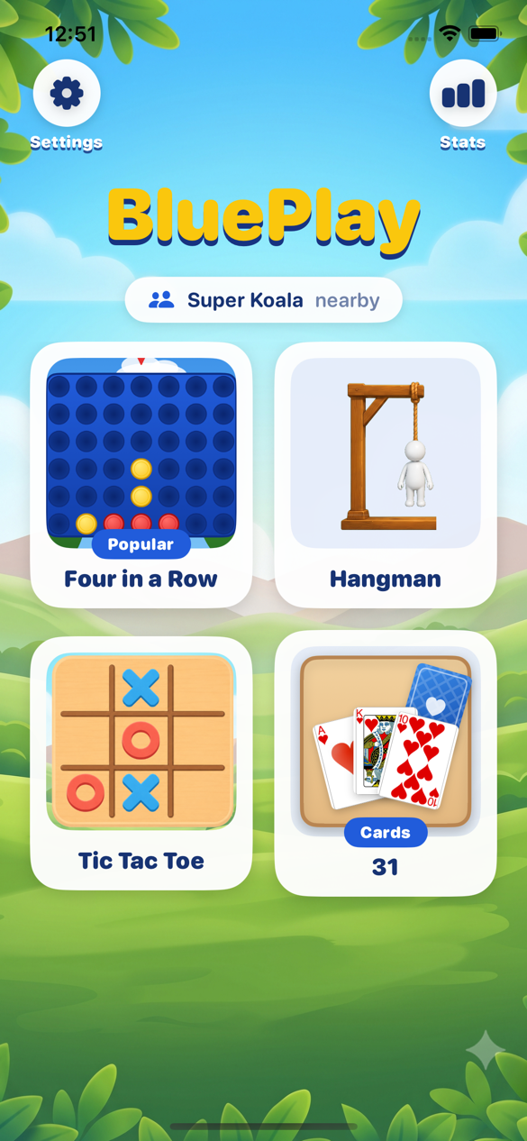 BluePlay home screen showing nearby friends and game tiles